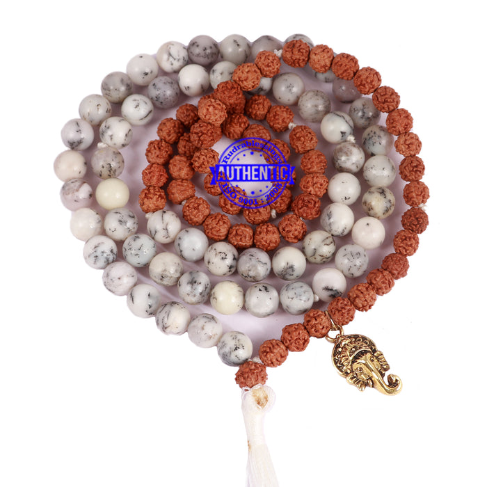 Dendritic Agate + Rudraksha Mala with Ganesha accessory
