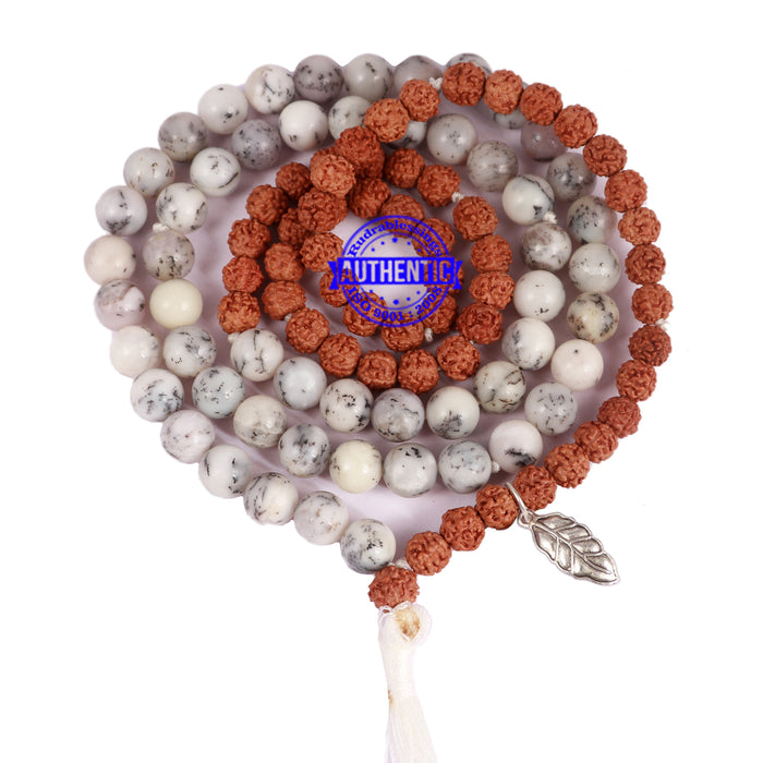 Dendritic Agate + Rudraksha Mala with Leaf accessory