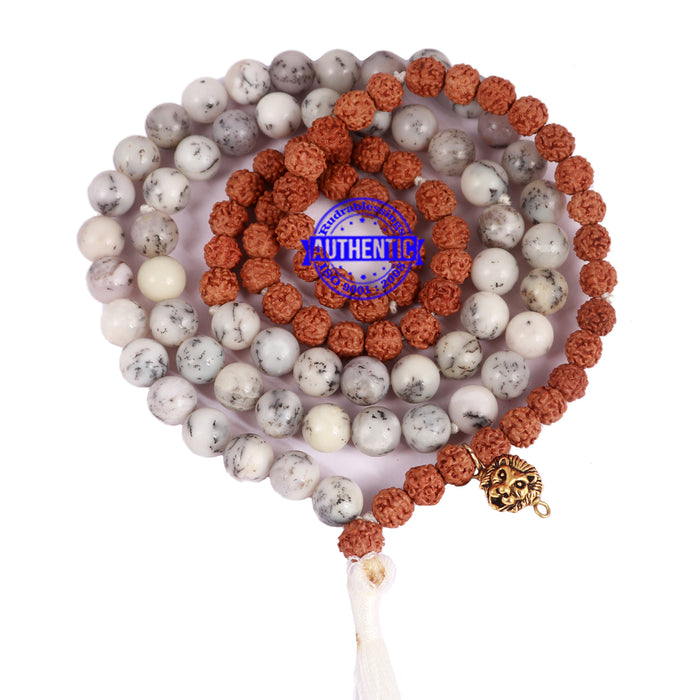Dendritic Agate + Rudraksha Mala with Lion accessory
