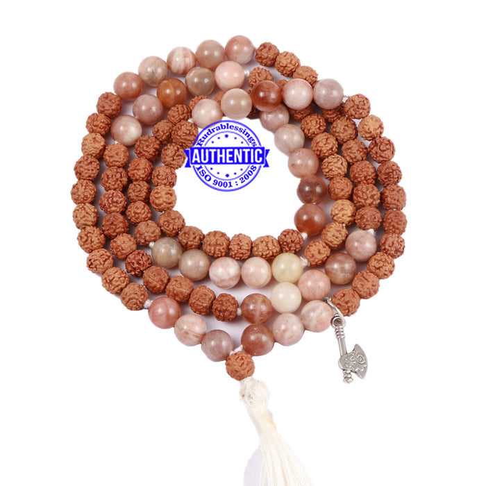 Moonstone Stone + Rudraksha Mala with Axe accessory