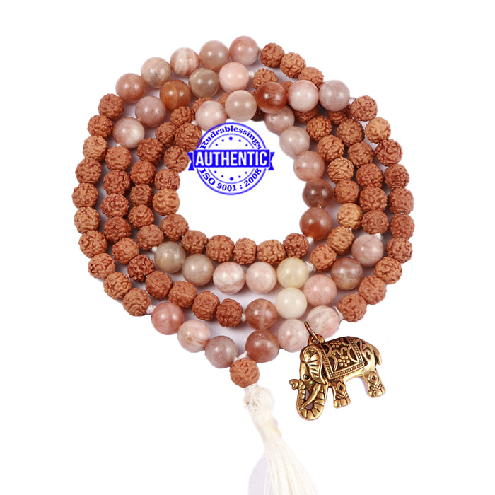Moonstone Stone + Rudraksha Mala with Elephant accessory