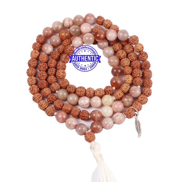 Moonstone Stone + Rudraksha Mala with Feather accessory