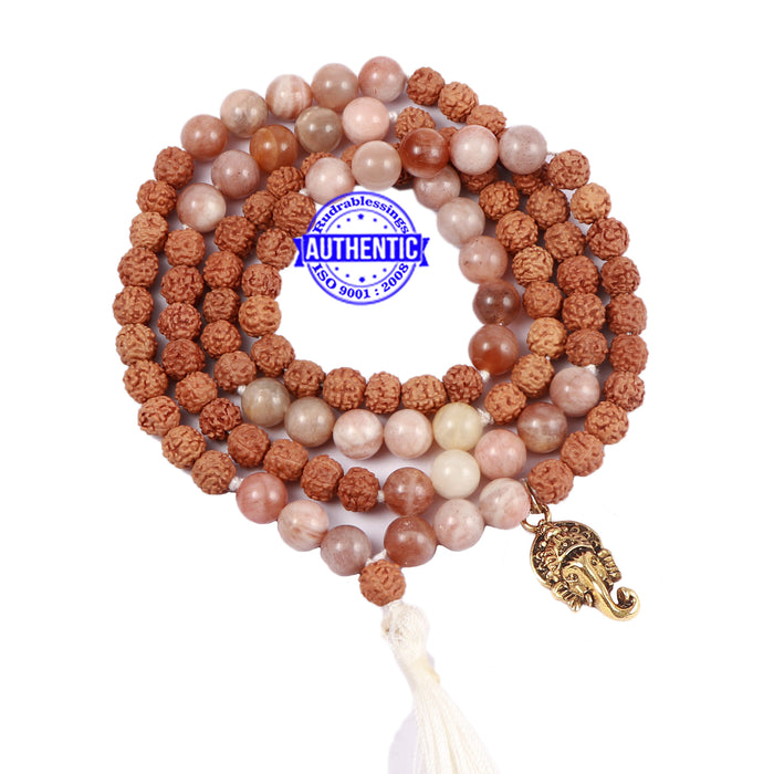 Moonstone Stone + Rudraksha Mala with Ganesha accessory
