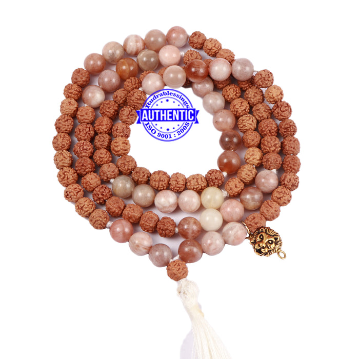 Moonstone Stone + Rudraksha Mala with Lion accessory