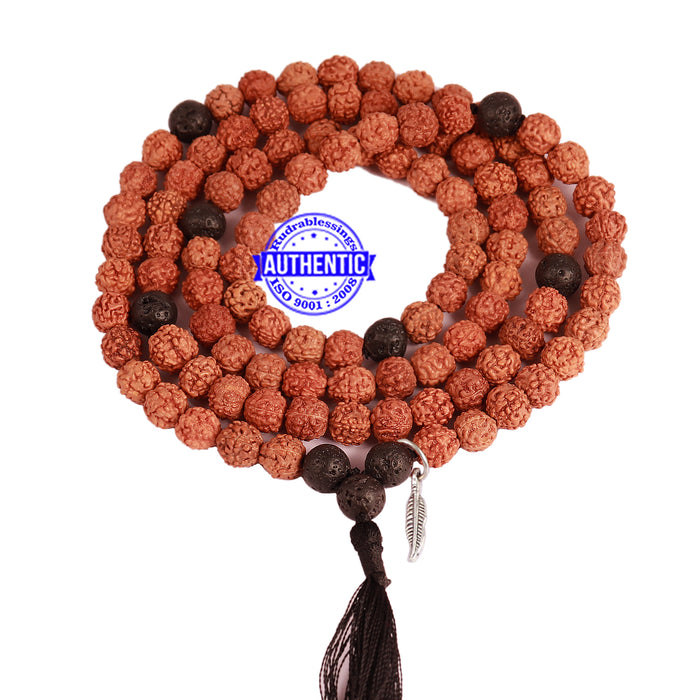 Lava Stone + Rudraksha Mala with Feather accessory - 3
