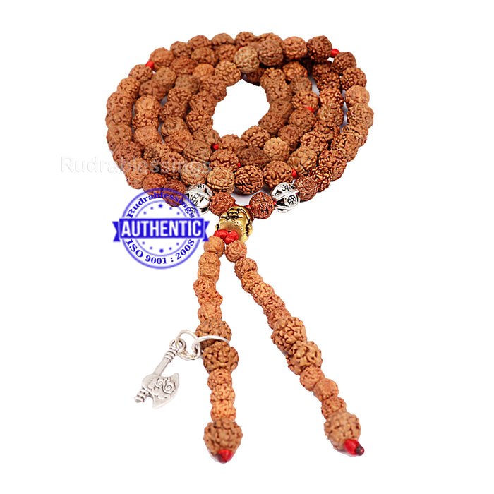 5 Mukhi Exclusive designer Rudraksha Mala with Laughing Buddha and Axe pendant