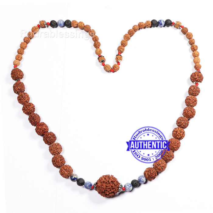5 Mukhi Exclusive designer Rudraksha Mala with Lava and Sodalite stone beads
