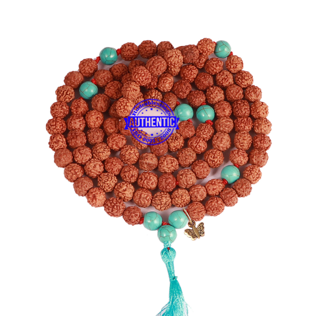 Turquoise Stone + Rudraksha Mala with Butterfly Accessory - 3