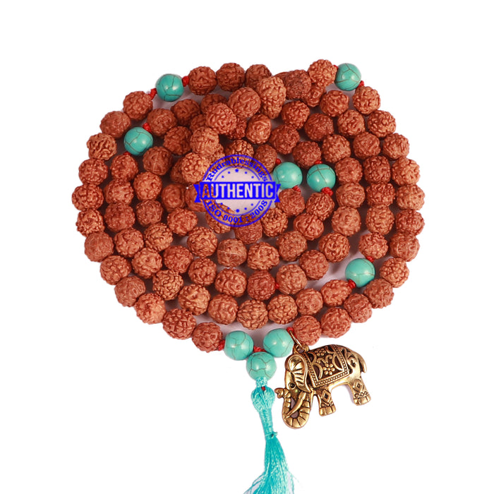 Turquoise Stone + Rudraksha Mala with Elephant Accessory - 3
