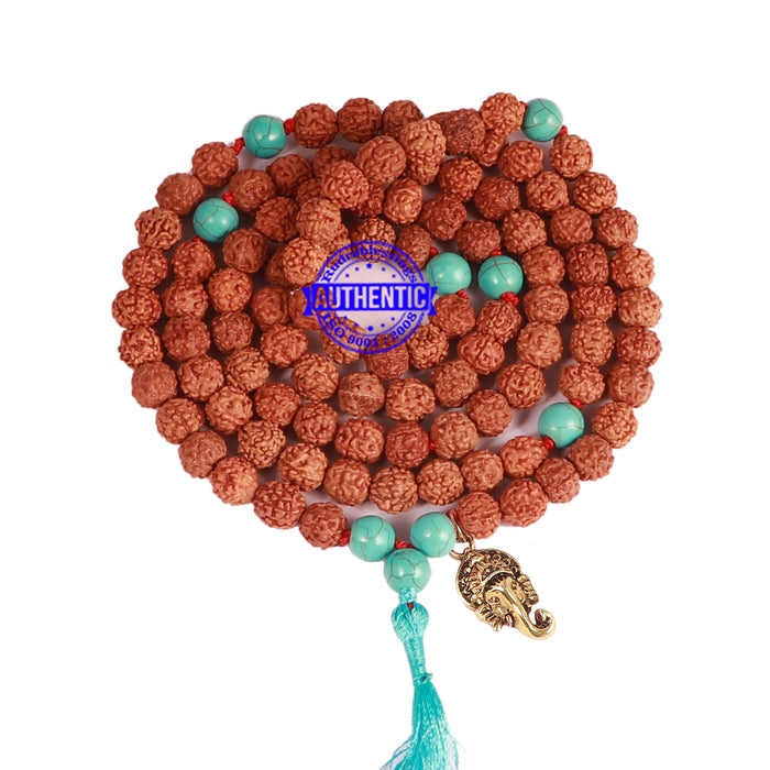 Turquoise Stone + Rudraksha Mala with Ganesha Accessory - 3