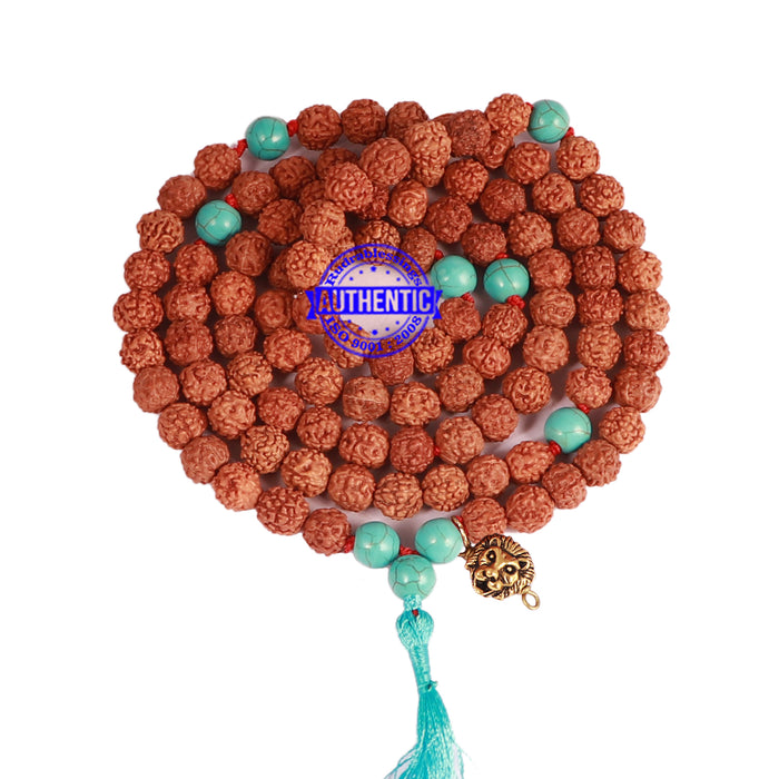 Turquoise Stone + Rudraksha Mala with Lion Accessory - 3