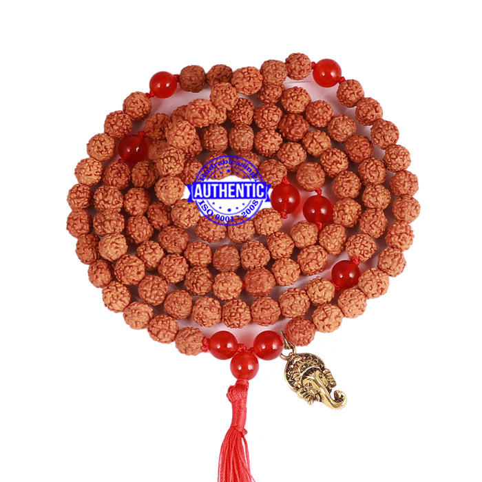 Red Onyx + Rudraksha Mala with Ganesha accessory - 1