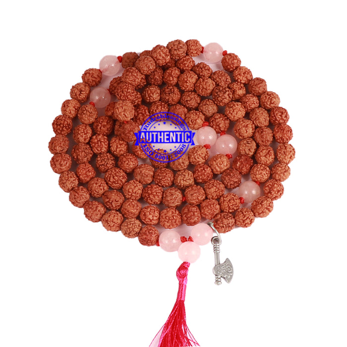 Rose Quartz Stone + Rudraksha Mala with Axe accessory - 3