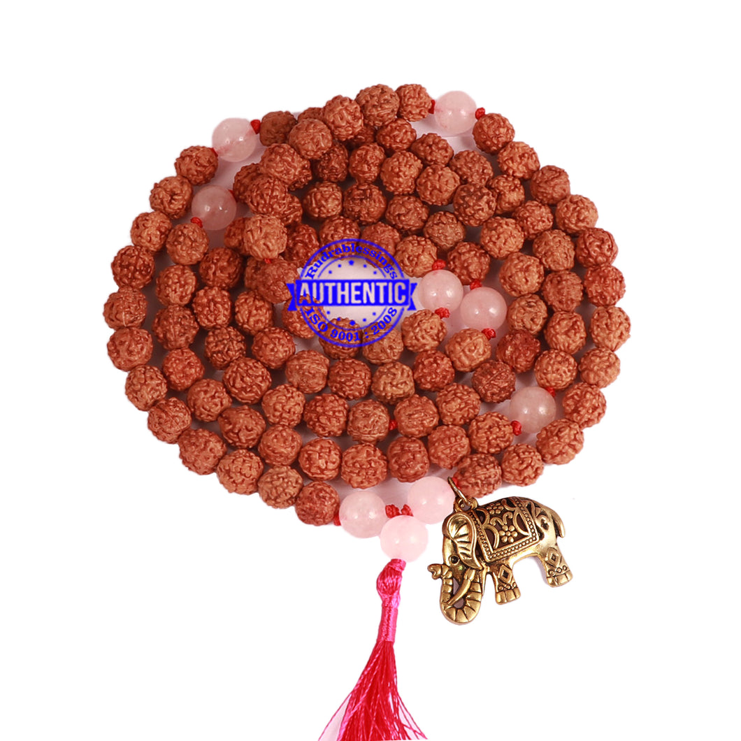 Rose Quartz Stone + Rudraksha Mala with Elephant accessory - 3