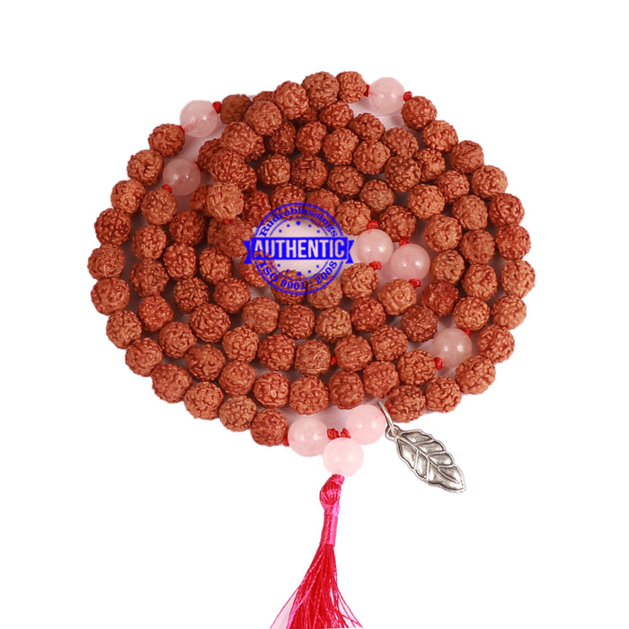 Rose Quartz Stone + Rudraksha Mala with Leaf accessory - 3