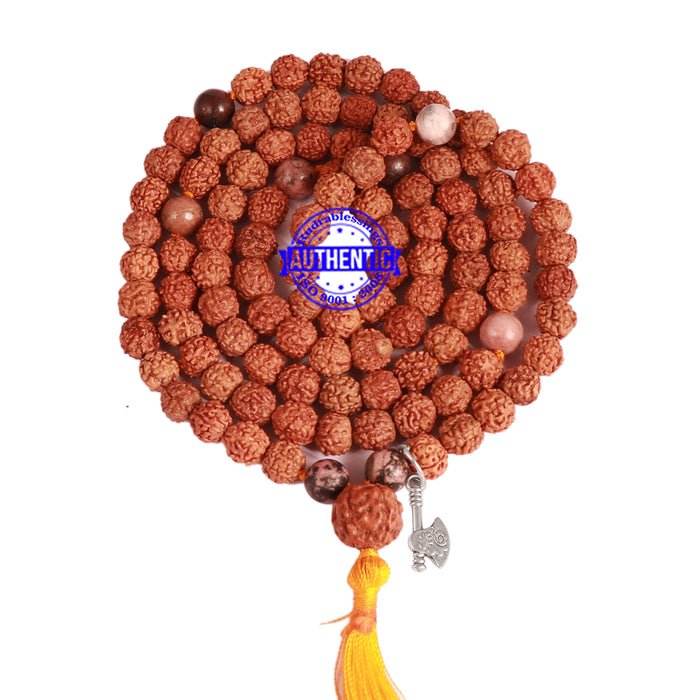Rhodonite + Rudraksha Mala with Axe accessory - 1