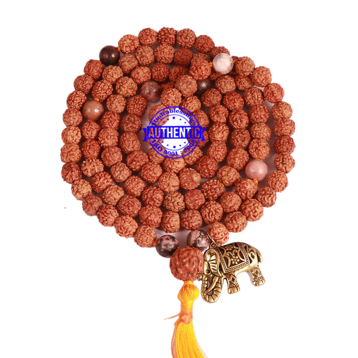 Rhodonite + Rudraksha Mala with Elephant accessory - 1