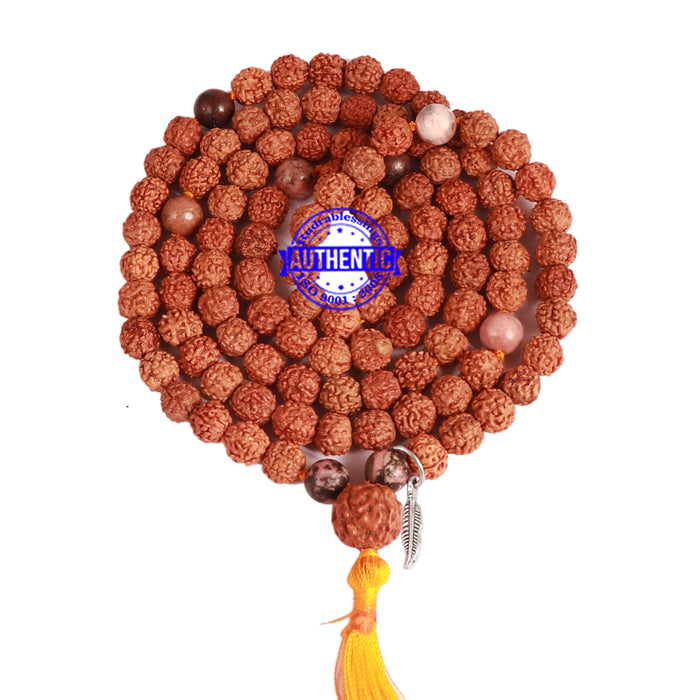 Rhodonite + Rudraksha Mala with Feather accessory - 1