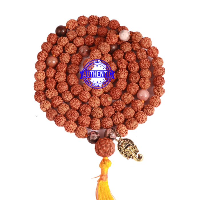 Rhodonite + Rudraksha Mala with Ganesha accessory - 1