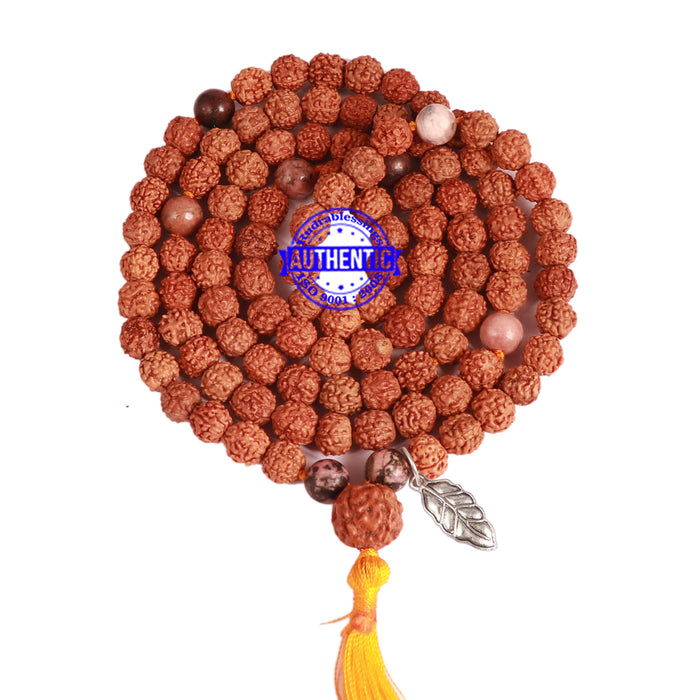 Rhodonite + Rudraksha Mala with Leaf accessory - 1