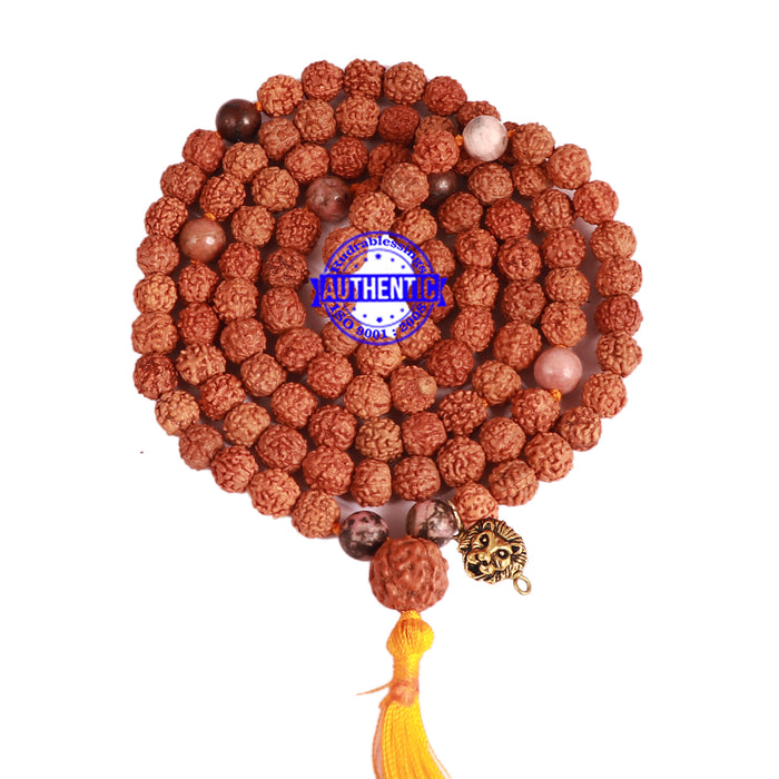 Rhodonite + Rudraksha Mala with Lion accessory - 1