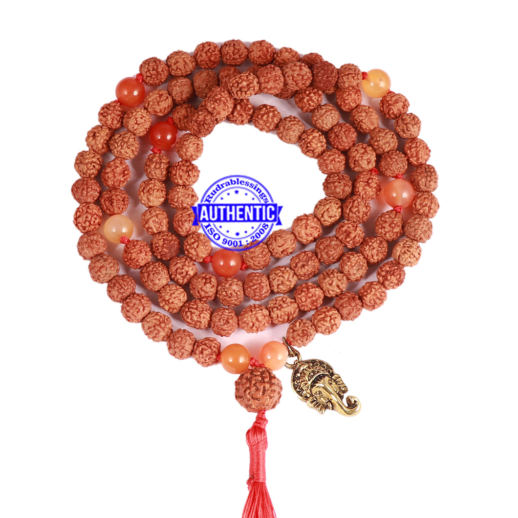Carnelian + Rudraksha Mala with Ganesha accessory - 1