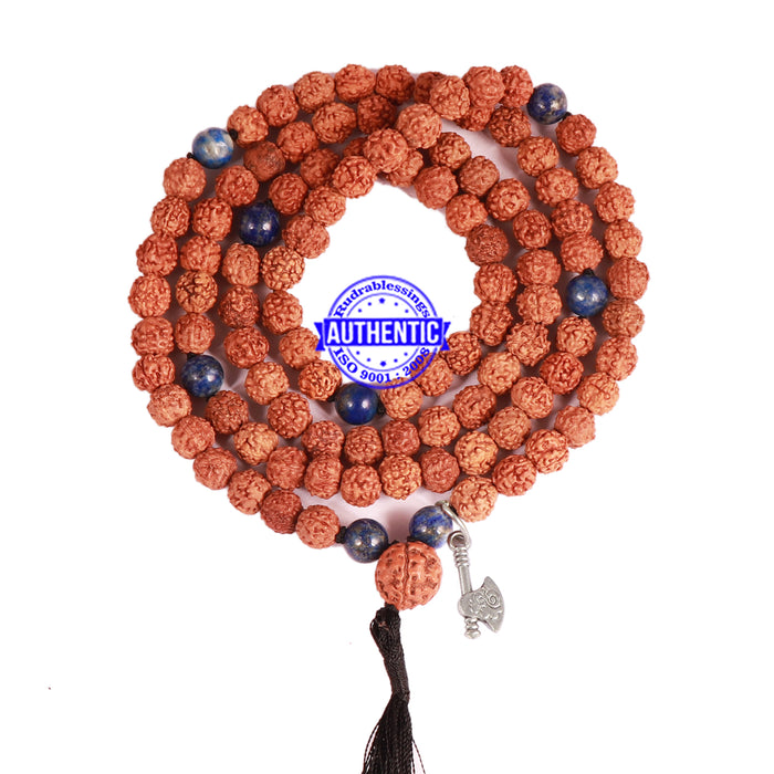 Lapis Lazuli Stone + Rudraksha Mala with Axe Accessory - 3