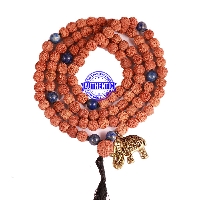 Lapis Lazuli Stone + Rudraksha Mala with Elephant Accessory - 3