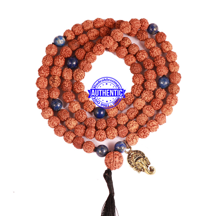 Lapis Lazuli Stone + Rudraksha Mala with Ganesha Accessory - 3