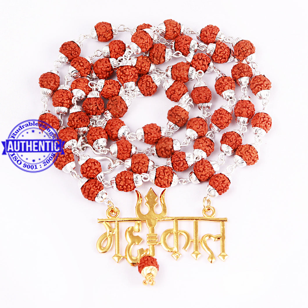 5 Mukhi Rudraksha Mala in silver plated caps with Mahakaal Pendant - 2