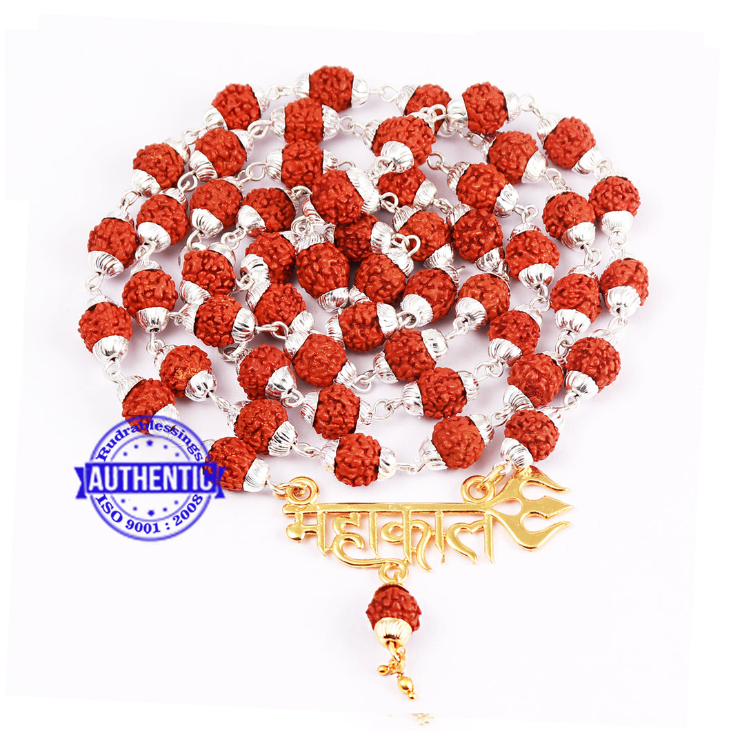 5 Mukhi Rudraksha Mala in silver plated caps with Mahakaal Pendant - 3