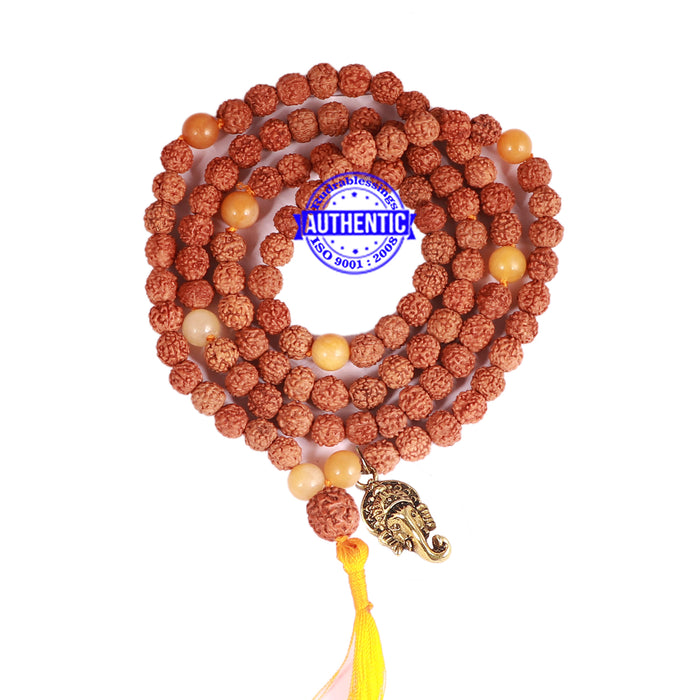 Yellow Aventurine + Rudraksha Mala with Ganesha accessory - 1
