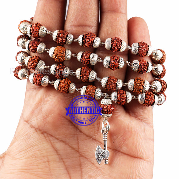 5 Mukhi Rudraksha Mala in silver plated caps with Axe Pendant