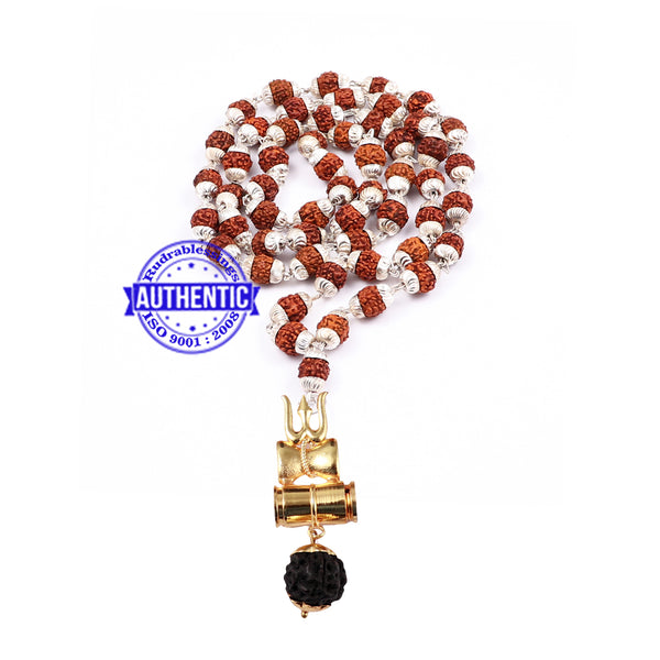 5 Mukhi Rudraksha Mala in silver plated caps with Trishul and Damru Pendant