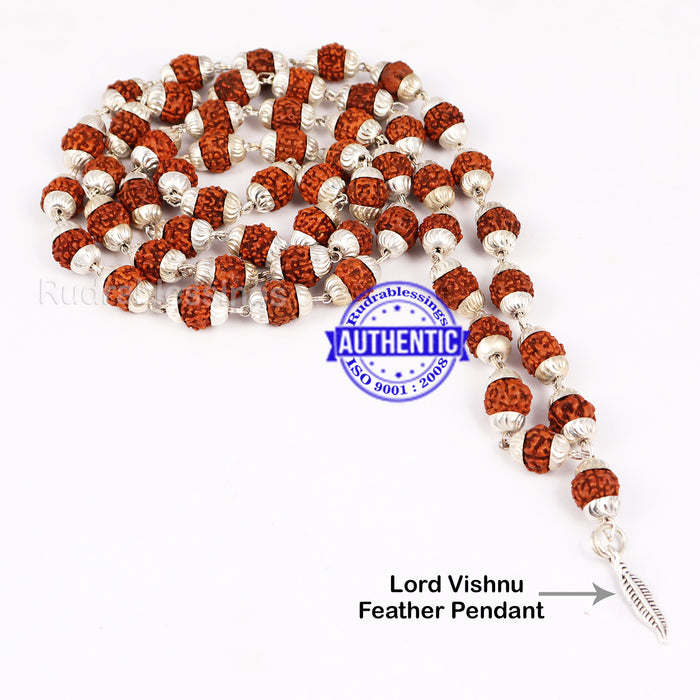 5 Mukhi Rudraksha Mala in silver plated caps with Feather Pendant