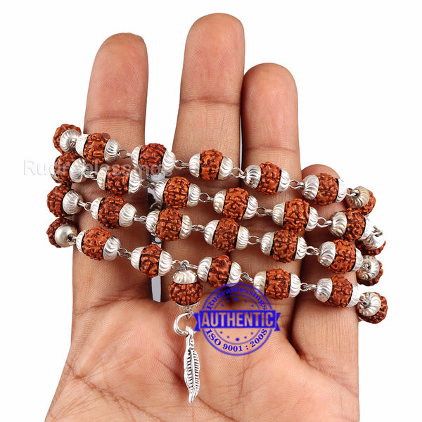 5 Mukhi Rudraksha Mala in silver plated caps with Feather Pendant
