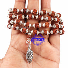 Load image into Gallery viewer, 5 Mukhi Rudraksha Mala in silver plated caps with Leaf Pendant
