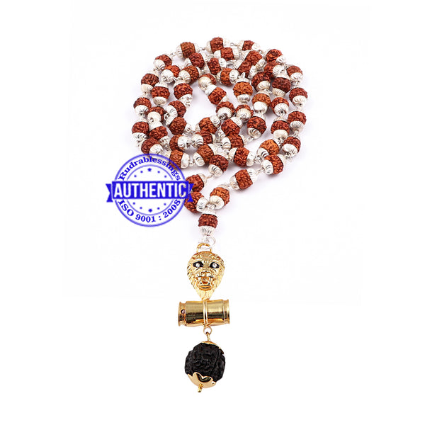 5 Mukhi Rudraksha Mala in silver plated caps with Lion Pendant