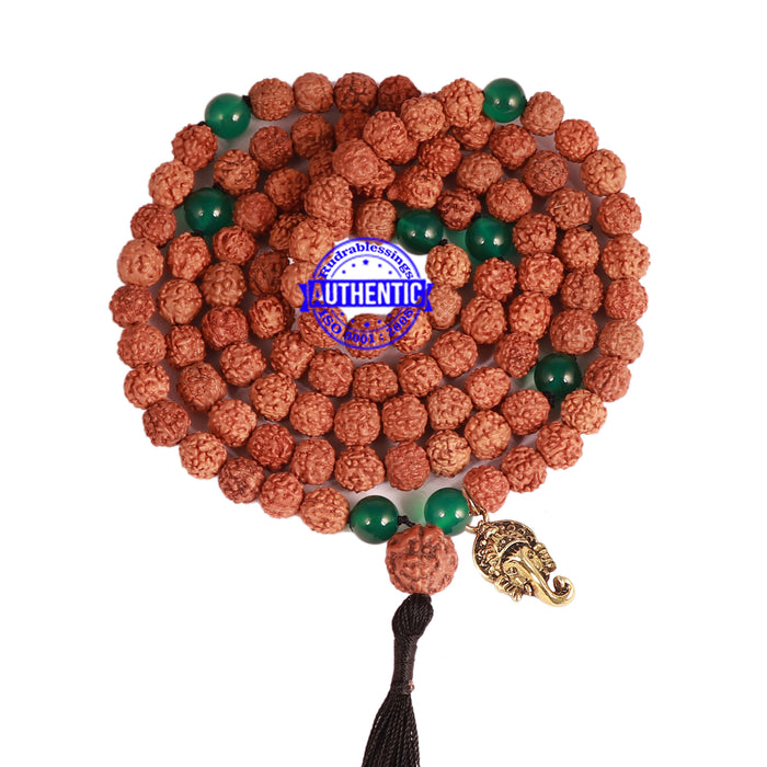 Green Onyx + Rudraksha Mala with Ganesha accessory - 1