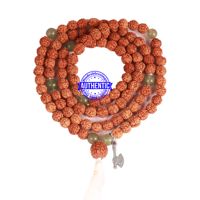 Green Aventurine + Rudraksha Mala with Axe accessory - 1