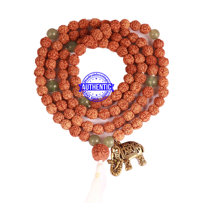 Green Aventurine + Rudraksha Mala with Elephant accessory - 1