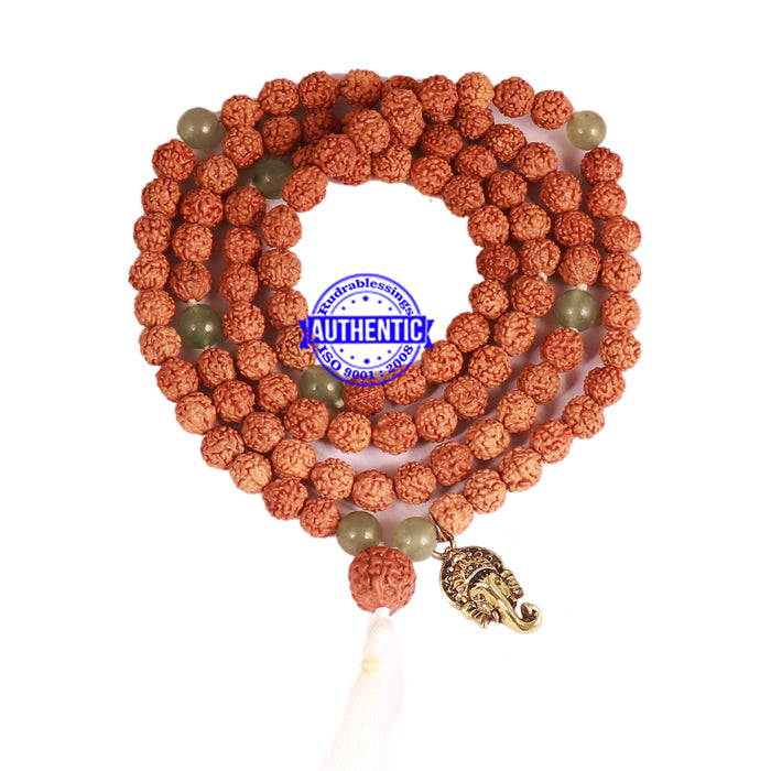 Green Aventurine + Rudraksha Mala with Ganesha accessory - 1