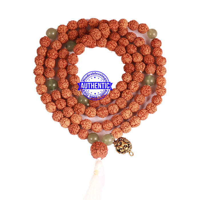 Green Aventurine + Rudraksha Mala with Lion accessory - 1