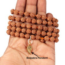 Load image into Gallery viewer, 5 mukhi Rudraksha mala with Lucky Charm Belpatra Pendant
