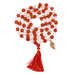 Rudraksha Pearl (Moti) Mala with Lucky Charm Belpatra Pendant