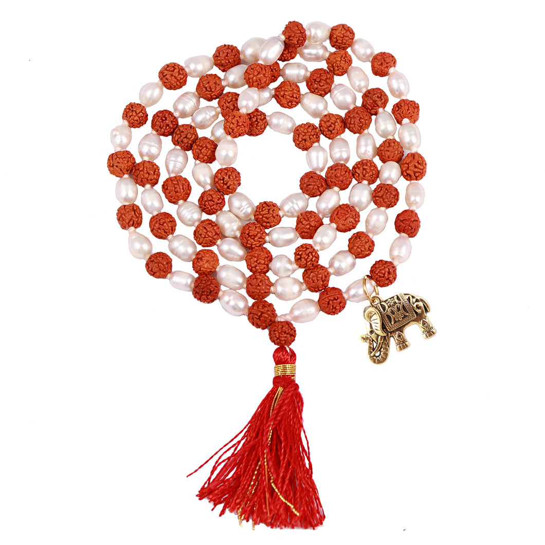 Rudraksha Pearl (Moti) Mala with Lucky Charm Elephant Pendant