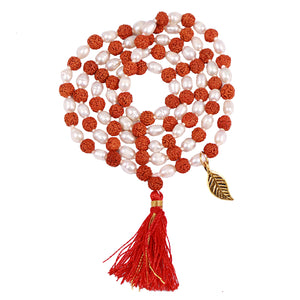 Rudraksha Pearl (Moti) Mala with Lucky Charm Leaf Pendant