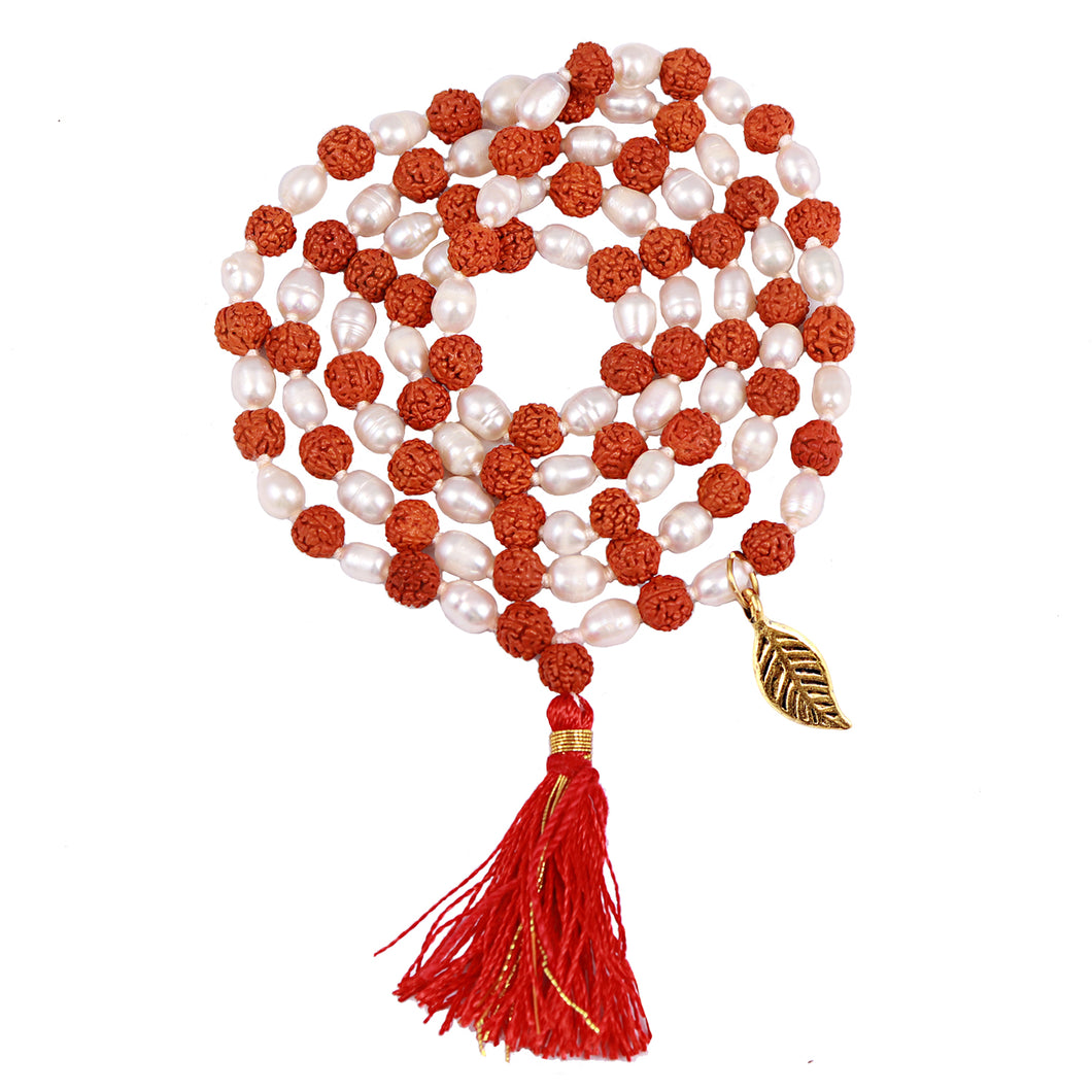 Rudraksha Pearl (Moti) Mala with Lucky Charm Leaf Pendant