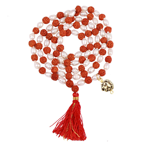 Rudraksha Pearl (Moti) Mala with Lucky Charm Lion Pendant