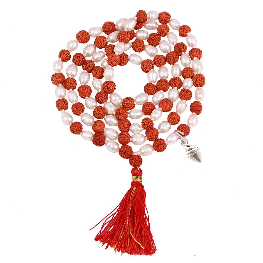 Rudraksha Pearl (Moti) Mala with Lucky Charm Shankh Pendant